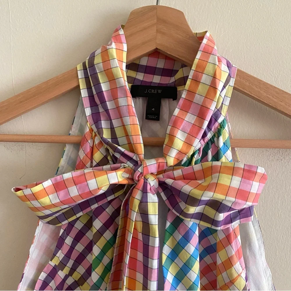 J. Crew Tie Neck Rainbow Gingham Dress - 4